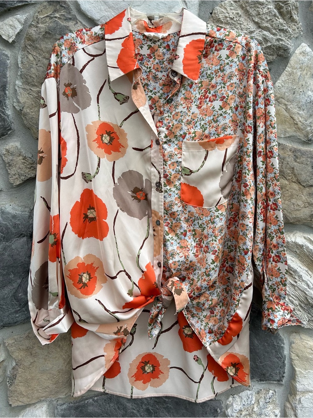 Entro Satin Button Up Top Size M Boho Floral Patchwork Festival Romantic Blouse